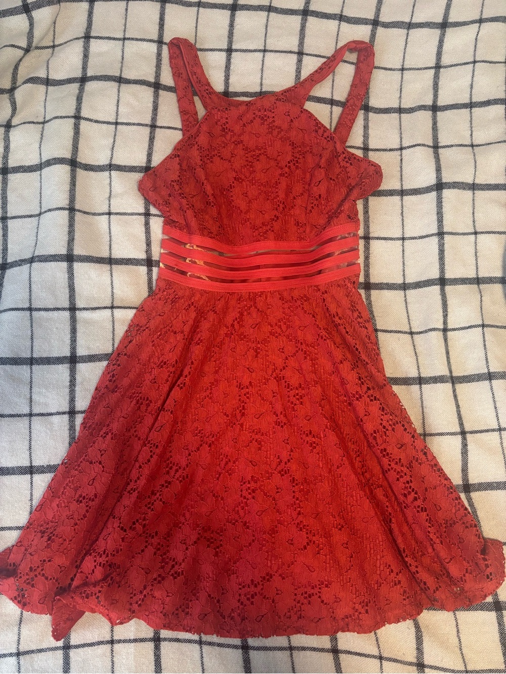 Red Lace Fit-and-Flare Formal Dress with Strappy Waistband